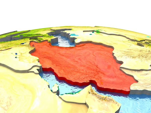 ایران با رنگ قرمز بر روی کره زمین با منطقه اطراف برجسته شده است تصویر سه بعدی با سطح سیاره واقع گرایانه بسیار دقیق عناصر این تصویر توسط ناسا ارائه شده است