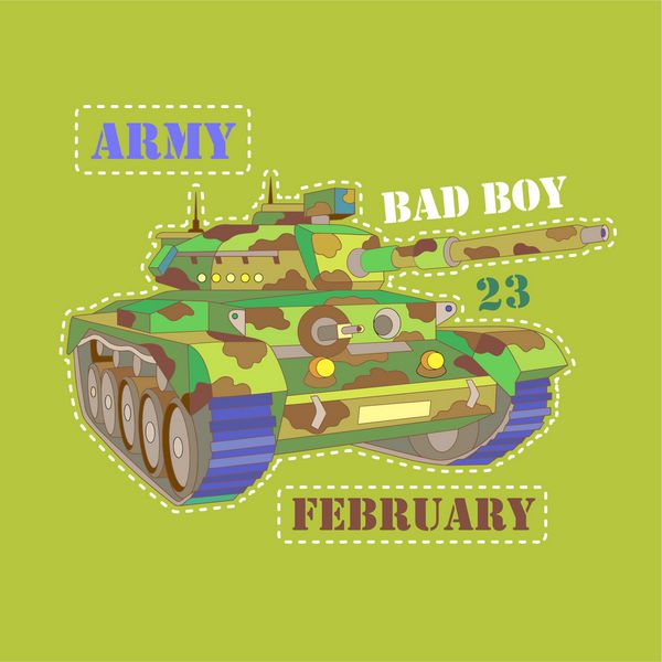 مخزن طراحی پارچه و چاپ تیشرت ماشین ارتش با کلمات جدا شده در پس زمینه سبز 23 فوریه در روسیه