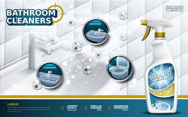 تبلیغات پاک کننده حمام بطری اسپری با مایع شوینده مورد استفاده برای حمام در تصویر سه بعدی حباب های شناور در هوا