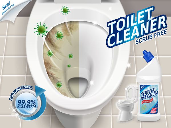 تبلیغات تمیزکننده توالت قبل و بعد اثر تمیزکننده نمای بالای توالت در تصویر سه بعدی
