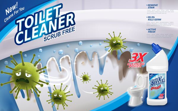 تبلیغات تمیزکننده توالت ویروس سبز در حال فرار از توالت درخشان با مواد شوینده آبی رنگ در بطری در تصویر سه بعدی
