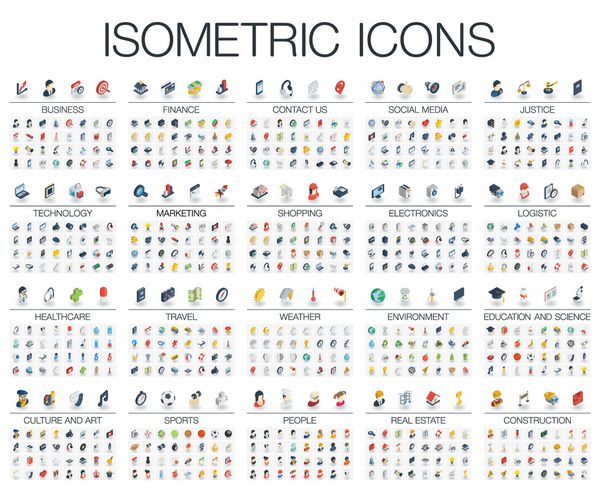 وکتور از نمادهای مسطح ایزومتریک برای تجارت بانک بازار رسانه های اجتماعی عدالت فناوری اینترنت فروشگاه آموزش ورزش مراقبت های بهداشتی هنر و ساخت و ساز مجموعه نمادهای وب سه بعدی رنگی