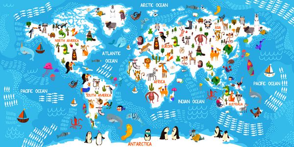 نقشه دنیای حیوانات کارتونی حیوانات از سراسر جهان اقیانوس‌ها و قاره‌ها طراحی بازی آموزشی آهنربا یا پوستر برای بچه‌ها عالی است وکتور - وکتور استوک