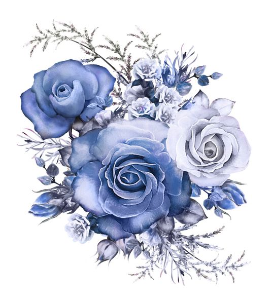 گل های آبرنگ تصویر گل رز آبی شاخه گل ایزوله شده در پس زمینه سفید برگ و جوانه ترکیب زیبا برای عروسی یا کارت تبریک