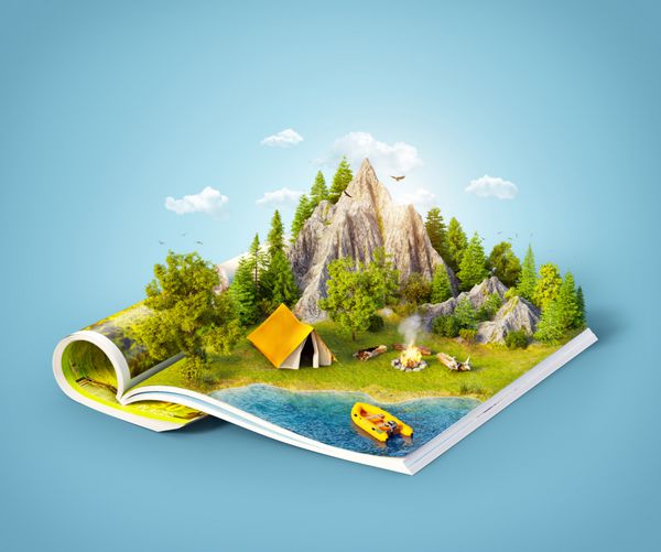 کوه در جنگل چمنزار سبز و چادر کمپ در نزدیکی دریاچه در صفحات باز مجله تصویر سه بعدی غیرمعمول مفهوم سفر و کمپینگ