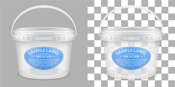 وکتور دارای برچسب سطل پلاستیکی خالی شفاف برای نگهداری مواد غذایی عسل یا بستنی نمای جلویی تصویر مدل بسته بندی