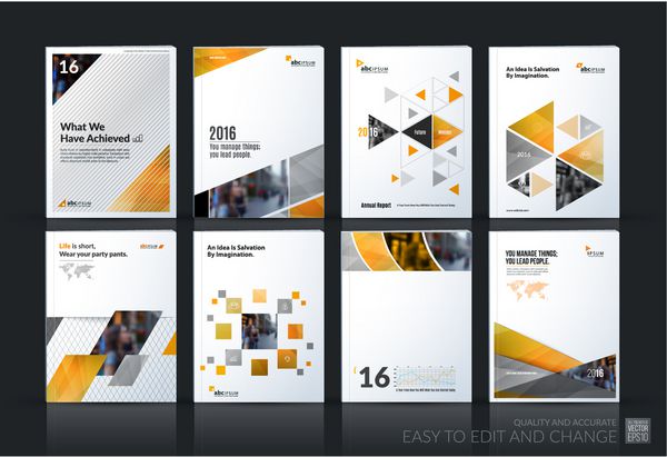 الگوی تجاری وکتور انتزاعی طرح بروشور جلد گزارش سالانه طراحی مدرن پوستر بروشور A4 با مربع های زرد مثلث اشکال هندسی مورب خطوط با پس زمینه بافت