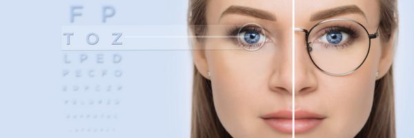 صورت زن به نصف بریده شده تا قبل و بعد از اصلاح بینایی با لیزر ارائه شود صورت زن با عینک و بدون عینک روی نمودار چشم هولوگرافیک مجازی پس زمینه تکنولوژی تصحیح بینایی