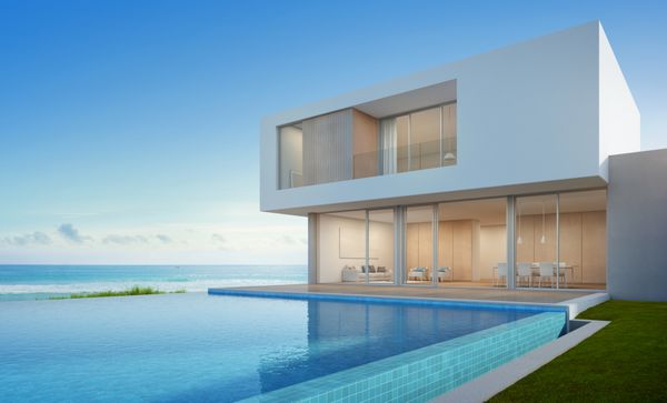خانه ساحلی لوکس با استخر با منظره دریا در طراحی مدرن خانه تعطیلات برای خانواده بزرگ - رندر سه بعدی