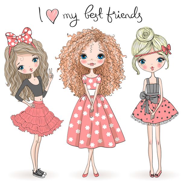 سه دختر ناز زیبا روی پس زمینه با کتیبه I love my best friends وکتور
