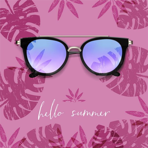 عینک آفتابی واقع گرایانه پس زمینه برگ خرما کارت سلام تابستان وکتور