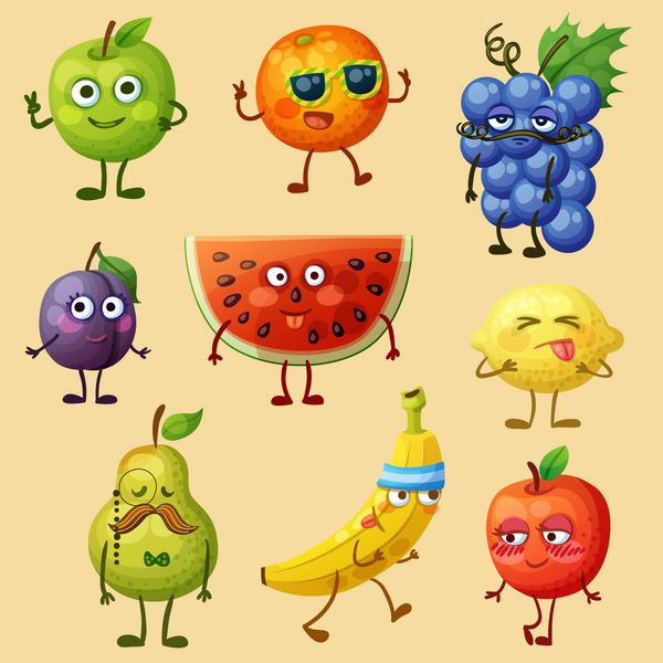 شخصیت های میوه خنده دار جدا شده در پس زمینه سفید ایموجی غذای شاد وکتور کارتونی گلابی سبز سیب قرمز موز زرد آلو بنفش نارنجی انگور آبی هندوانه لیمو گلابی