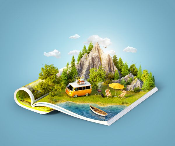 کوه جنگل چمنزار سبز و ماشین در نزدیکی دریاچه در صفحات باز مجله تصویر سه بعدی غیرمعمول مفهوم سفر و کمپینگ پیک نیک خانوادگی