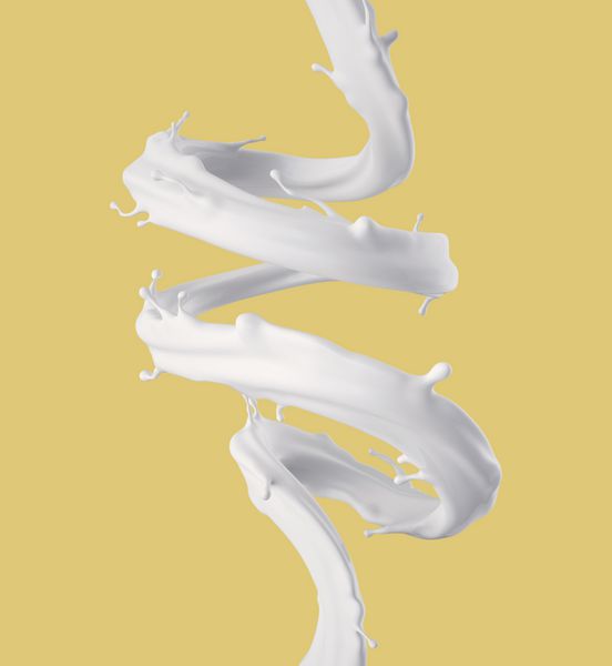 رندر سه بعدی تصویر دیجیتال جت مارپیچ شیر اسپل سفید موج مایع رنگ حلقه ها خط منحنی پس زمینه زرد