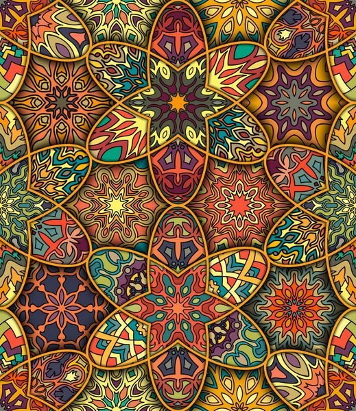 الگوی بدون درز رنگارنگ با عناصر گل و ماندالا پس زمینه طراحی شده با دست قابل استفاده برای پارچه کاغذ دیواری کاشی بسته بندی روکش و فرش نقوش اسلام عربی هندی عثمانی