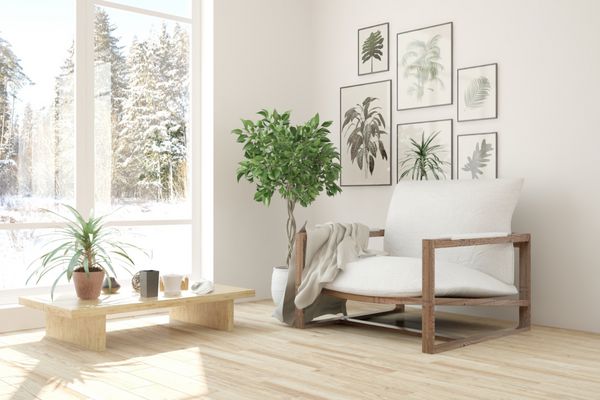 اتاق سفید با صندلی راحتی و چشم انداز زمستانی در پنجره طراحی داخلی اسکاندیناوی تصویرسازی سه بعدی