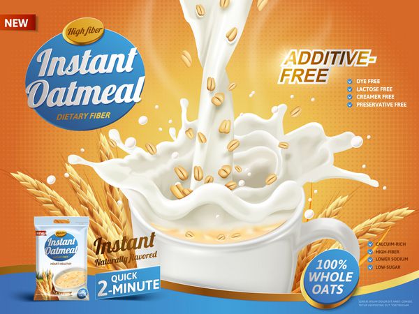 تبلیغ بلغور جو دوسر با ریختن شیر در فنجان و عناصر جو دوسر تصویر سه بعدی