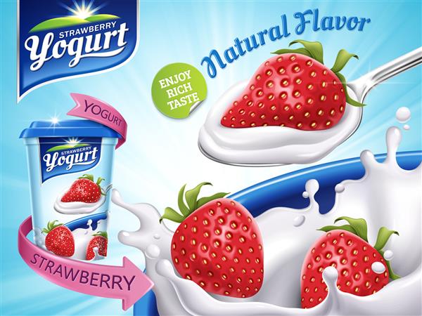 تبلیغ ماست با طعم توت فرنگی با پاشیدن شیر و عناصر توت فرنگی تصویر سه بعدی