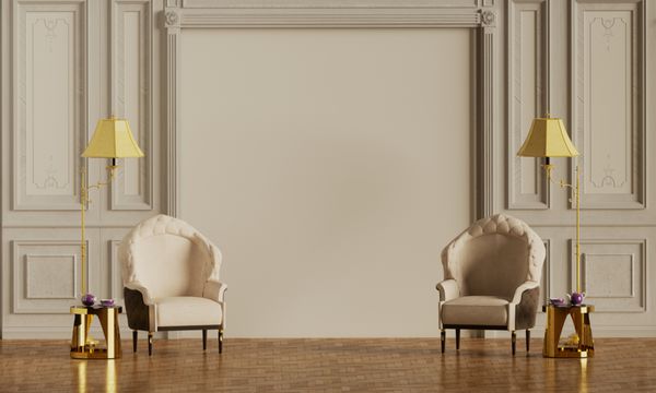 فضای داخلی با صندلی راحتی کلاسیک و لامپ در اتاق نشیمن و میز قهوه در رنگ طلایی رندر سه بعدی