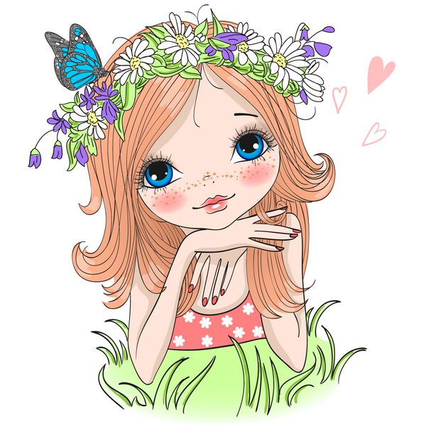 دختر زیبا با دست کشیده شده در یک تاج گل از گل های مروارید با یک پروانه روی یک چمن سبز قرار دارد وکتور