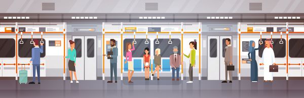 مردم مسافران در ماشین مترو حمل و نقل عمومی شهر مدرن وکتور تخت تراموا زیرزمینی