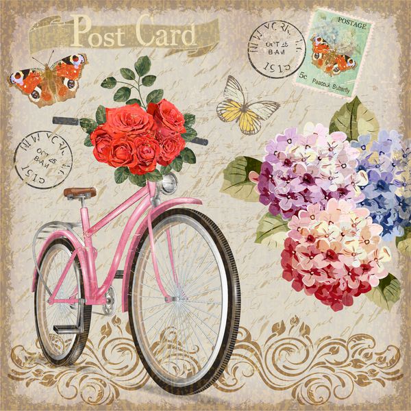 کارت پستال قدیمی با دوچرخه و گل