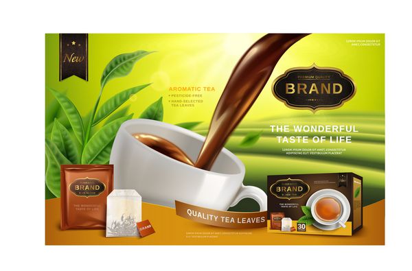 تبلیغ چای سیاه با برگ چای و جعبه بسته تصویر سه بعدی