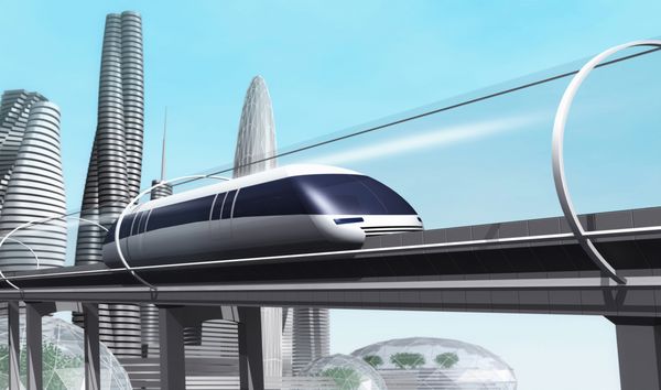 مفهوم قطار شناور مغناطیسی که در مسیر آسمان در یک تونل خلاء در سراسر شهر حرکت می کند حمل و نقل شهری مدرن تصویر رندر سه بعدی
