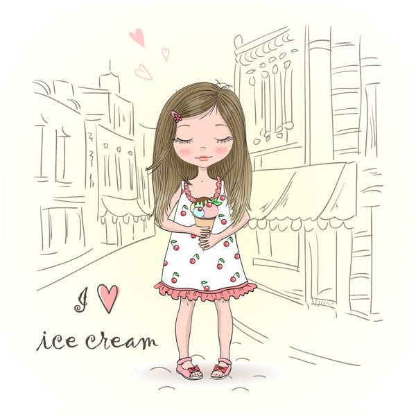 دختر کوچک زیبا و بامزه ای که بستنی در دست دارد روی پس زمینه با کتیبه I love ice cream کشیده شده است وکتور