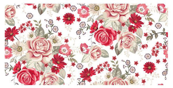 الگوی بدون درز با گل های رز کم رنگ و گل های قرمز در پس زمینه سفید