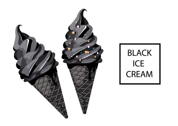 بستنی زغالی سیاه گوت به شکل مخروطی ترند تابستان 2017 مجموعه وکتور تصویر بستنی خالص و با آجیل و پاشش های رنگارنگ ایزوله طراحی برای منوی کافه بسته بندی جعبه تحویل