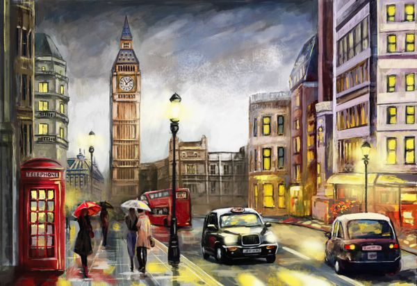 نقاشی رنگ روغن روی بوم نمای خیابان لندن اثر هنری بیگ بن چتر قرمز اتوبوس و جاده تلفن ماشین سیاه - تاکسی انگلستان