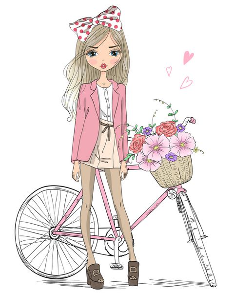 دختر زیبا و بامزه ای که با دست کشیده شده است در نزدیکی دوچرخه با سبدی پر از گل ایستاده است وکتور
