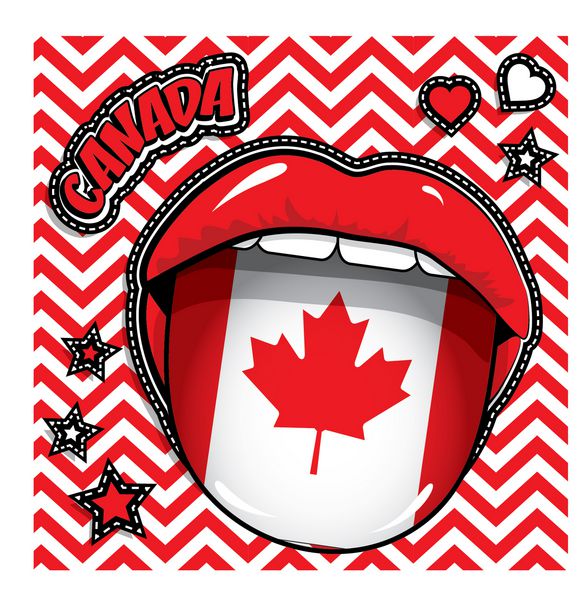 تولدت مبارک کانادا - لب ها و زبان قرمز پاپ آرت با پرچم تکه های شیک مد نشان ها سنجاق ها و برچسب ها روز استقلال مبارک وکتور با پرچم کشور