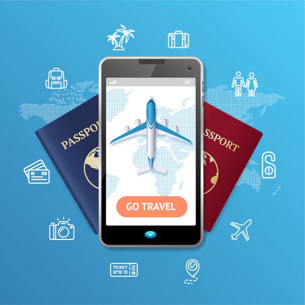 مفهوم رزرو بلیط موبایل سفر با گذرنامه مسافرتی برای وب و اپلیکیشن وکتور