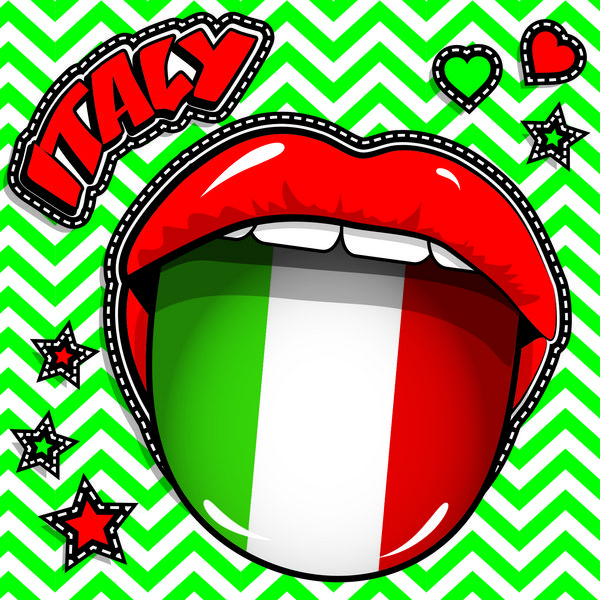 تولدت مبارک ایتالیا - لب ها و زبان قرمز پاپ آرت با پرچم تکه های شیک مد نشان ها سنجاق ها و برچسب ها روز استقلال مبارک وکتور با پرچم کشور