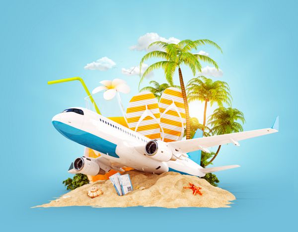 هواپیمای مسافربری و نخل گرمسیری در جزیره ای بهشتی تصویر سه بعدی سفر غیرمعمول مفهوم تعطیلات تابستانی و سفر هوایی