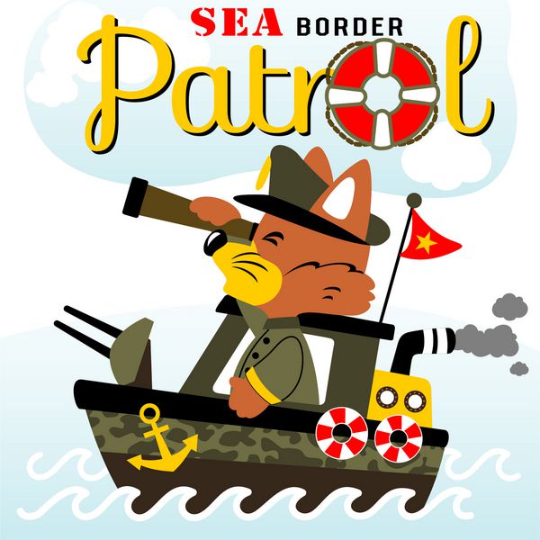 روباه در گشت کشتی جنگی کارتون وکتور تصویر تی شرت بچه گانه کاغذ دیواری