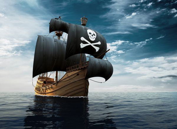 کشتی دزدان دریایی در دریاهای آزاد تصویرسازی سه بعدی