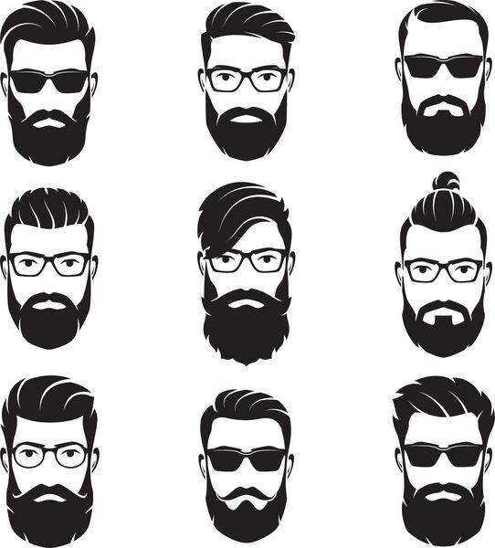 مجموعه ای از وکتور چهره مردان ریشو با هیپسترها با مدل موهای مختلف سبیل ریش سیلوئت ها آواتارها سرها نمادها نمادها برچسب ها