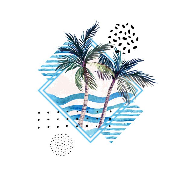 چاپ درخت نخل آبرنگ به شکل هندسی با عناصر ممفیس جدا شده در زمینه سفید تصویر تابستانی نقاشی شده با دست برای طراحی تی شرت و غیره