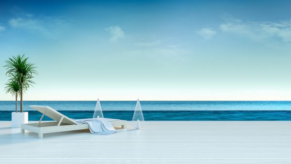 تابستانی سالن استراحت ساحلی صندلی های آفتابگیر در عرشه حمام آفتاب و استخر خصوصی با منظره پانوراما دریا در رندر سه بعدی ویلای لوکس