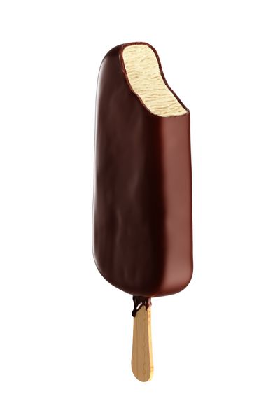 دسر بستنی شکلاتی روی چوب چوبی جدا شده در زمینه سفید رندر سه بعدی