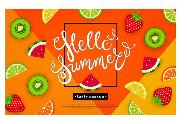 سلام بر تابستان فصل خوش طعم حروف در پس‌زمینه الگوی میوه‌های استوایی و انواع توت‌ها وکتور
