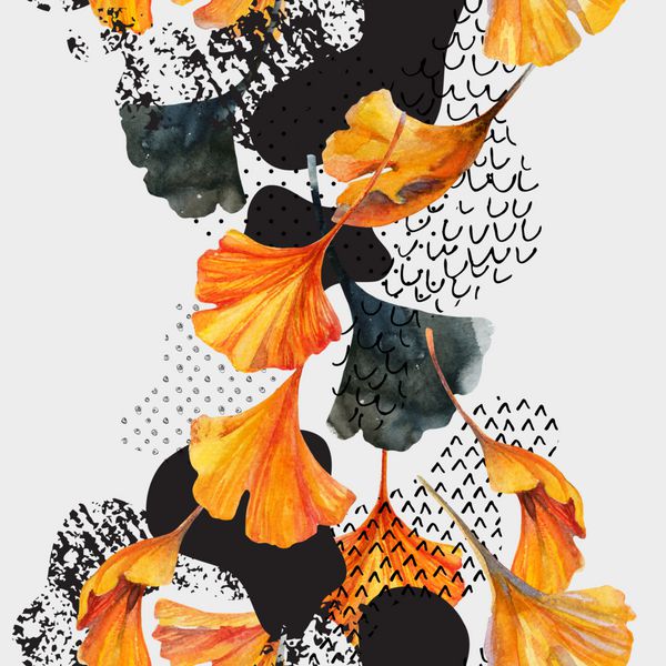 الگوی بدون درز آبرنگ انتزاعی در رنگ های پاییزی طراحی برگ های جینکو ابله جوهر گرانج بافت کاغذ آبرنگ پس زمینه گل برای طراحی پاییزی تصویر نقاشی شده با دست