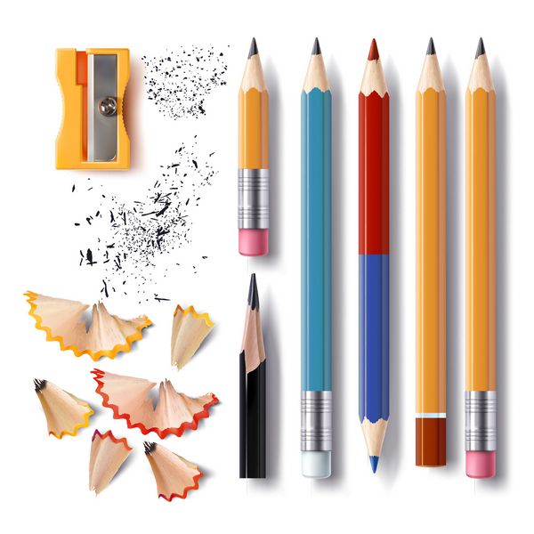 مجموعه ای از تصاویر وکتور به سبک واقعی مدادهای تیز شده با طول های مختلف با لاستیک و بدون تراش تراشه های مداد و گرافیت ایزوله شده روی سفید