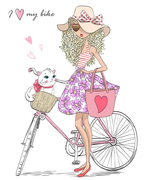 دختر زیبا و بامزه ای که با دست کشیده شده نزدیک دوچرخه ایستاده و بچه گربه ای در سبد دارد وکتور