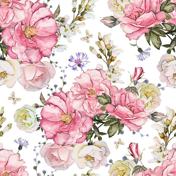 الگوی بدون درز با گل‌ها و برگ‌های صورتی در پس‌زمینه سفید الگوی گل آبرنگ گل رز به رنگ پاستل کاشی برای کاغذ دیواری کارت یا پارچه