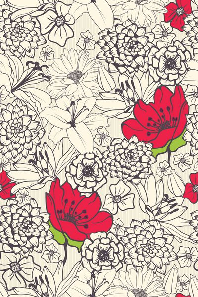 الگوی گل بدون درز با گل های قرمز در پس زمینه تک رنگ