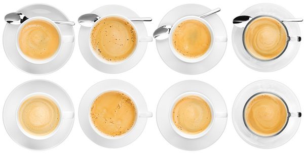 مجموعه ای از فنجان های مختلف قهوه جدا شده در پس زمینه سفید